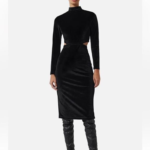 French Connection Womens Sula Black Velvet Cut-Out Semi-Formal Midi Dress - Picture 2 of 15